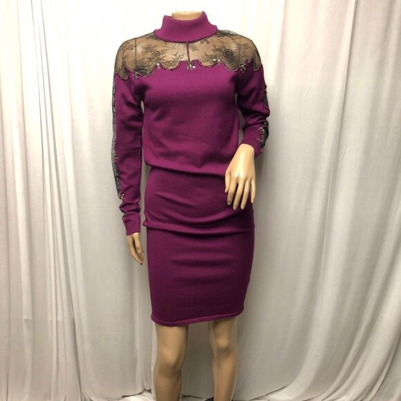 VENUS Dresses & Skirts - Venus Sweater Dress Size Small Purple Black Lace Bedazzled Sheer Turtleneck